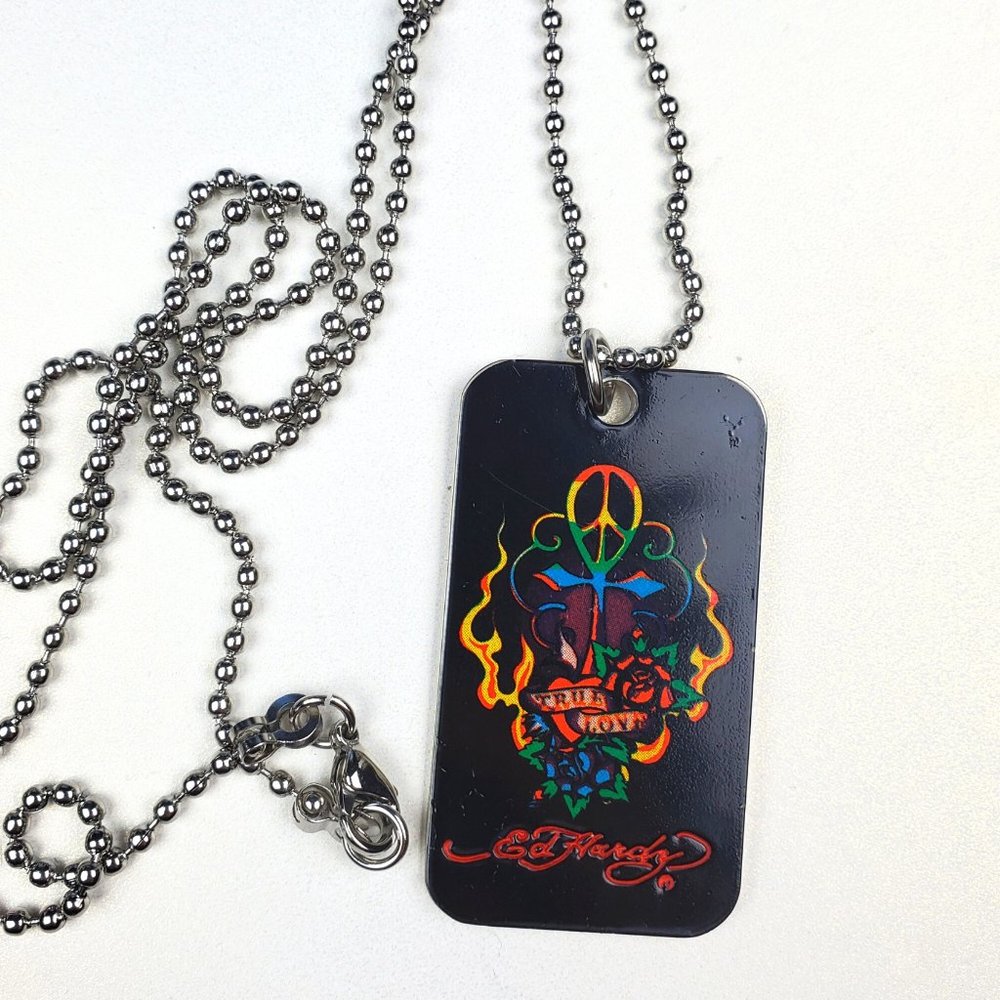 ED HARDY By Christian Audigier VINTAGE Style Necklace / True Love Dog Tag Peace